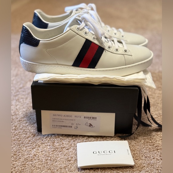 Gucci Ace leather web low sneaker with blue detail size 37.5 - Picture 1 of 12